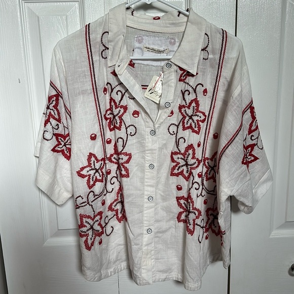 Free People We the Free Wildflower Embroidered Top Cuffed Sleeve Button Down Top - Picture 4 of 6